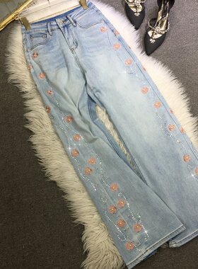 重工烫钻高腰显瘦直筒牛仔裤