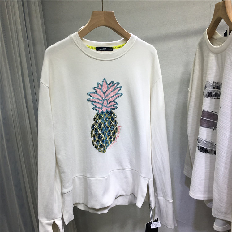 【秒杀】欧货重工亮片菠萝女百搭宽松显瘦圆领长袖白色上衣春季新