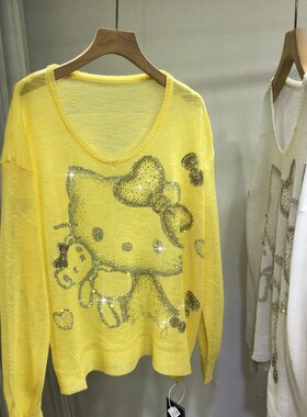 夏季轻薄烫钻KT猫显瘦针织衫