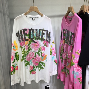 欧货重工烫钻防晒衫女轻薄国风牡丹花圆领宽松中长款T恤上衣春秋
