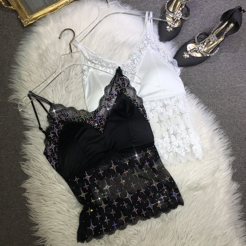 大码美背欧货重工烫钻细带缎面蕾丝女背心抹胸配垫四季百搭吊带夏