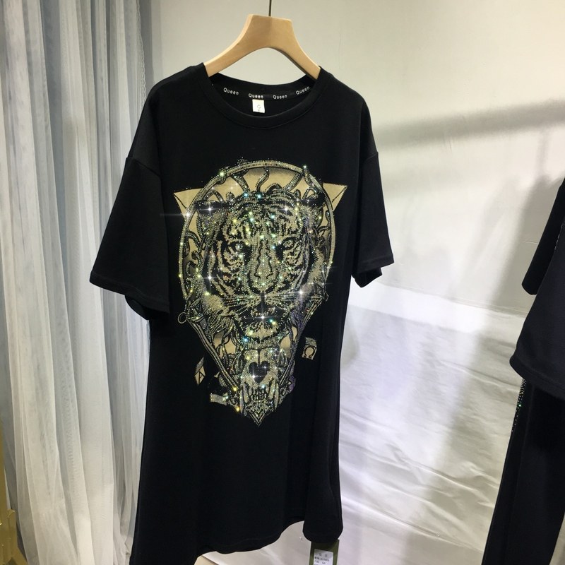 女王欧货重工烫钻豹子头背后大翅膀宽松中长款直筒t裙子2022夏季