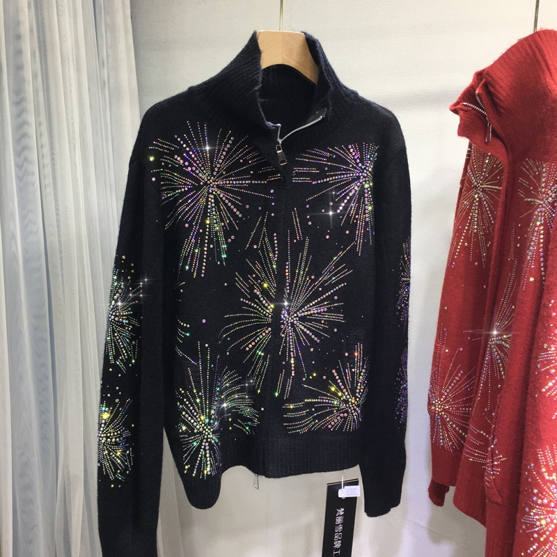 梵丽雪欧美风针织面料镶钻毛衣