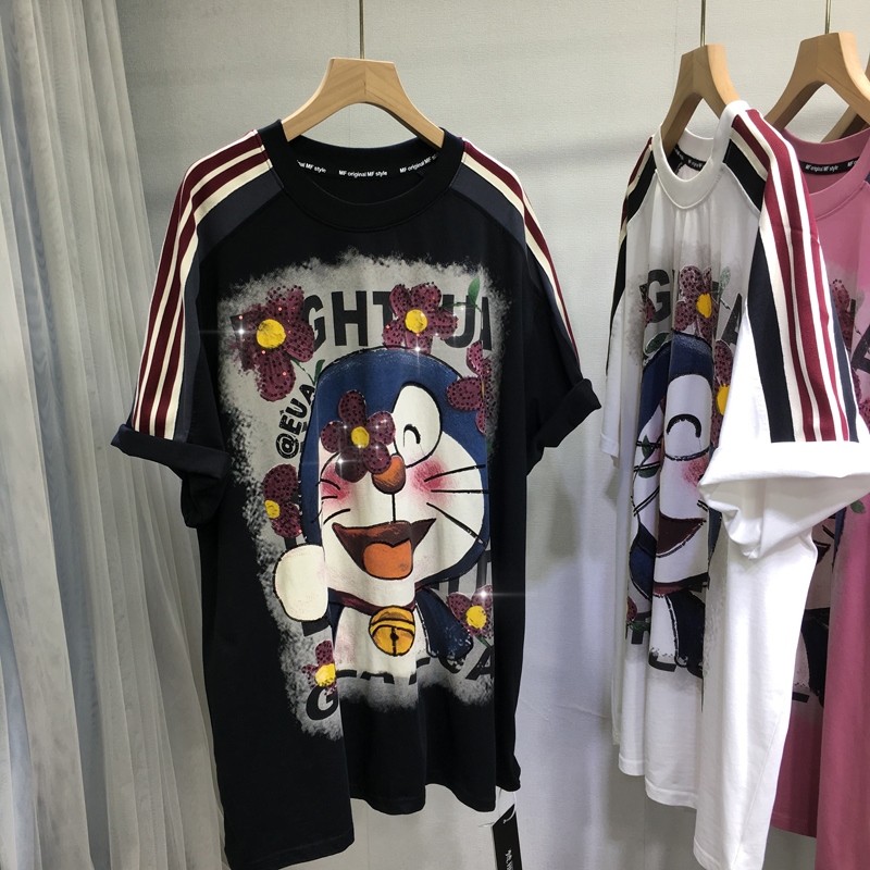 欧货重工亮片T恤可爱叮当猫圆领短袖宽松中长款大版上衣夏季百搭