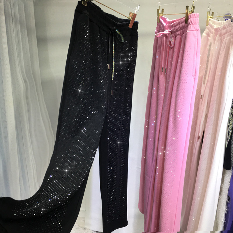 欧货重工烫钻阔腿裤女显瘦黑色大码垂顺裤子直筒百搭长裤子闪秋冬,女装/女士精品,休闲裤,淘宝优惠券,粉丝福利购,淘宝优惠卷