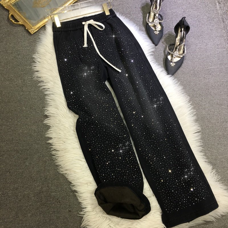 加绒加厚牛仔裤女保暖欧货重工烫钻阔腿裤子高腰显瘦百搭长裤秋冬,女装/女士精品,休闲裤,淘宝优惠券,粉丝福利购,淘宝优惠卷