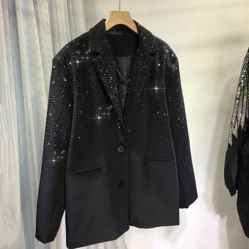 欧货重工烫钻西装女宽松中长款显瘦黑色大码春秋新款百搭开衫外套