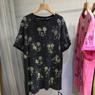 欧货重工烫钻T恤女满钻卡通米奇圆领中长款短袖上衣百搭减龄显瘦