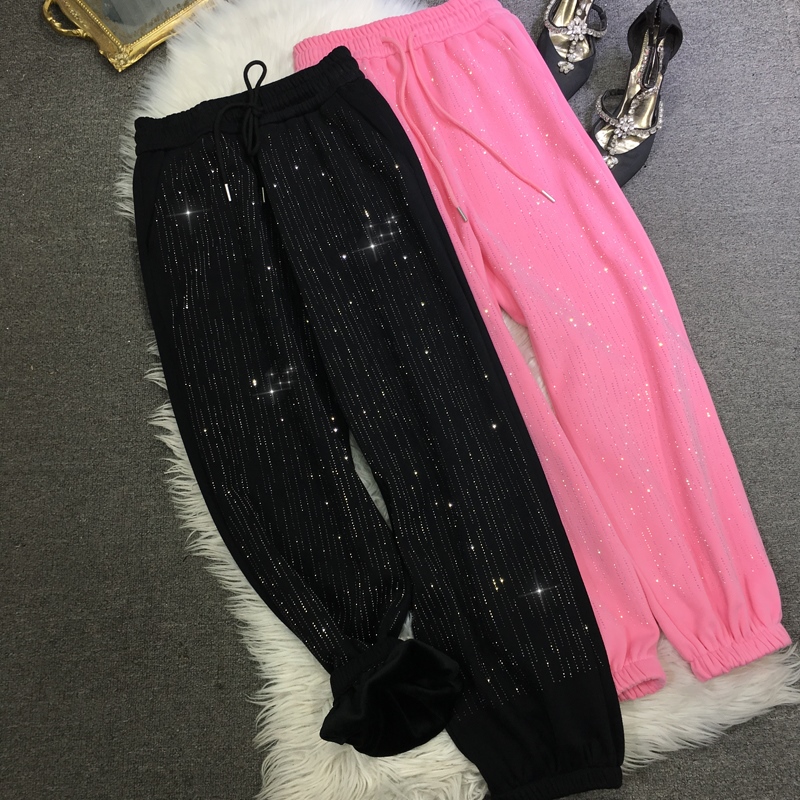 欧货重工烫钻卫裤女线条运动裤子