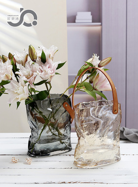 原创北欧ins风皮带褶皱手提包包玻璃花瓶设计师网红奶油鲜花花篮