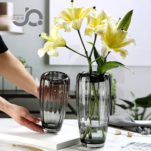现代简约直纹开口玻璃花瓶插花花器家居客厅电视柜餐桌装饰百合花