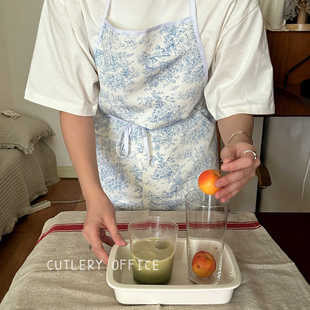 Cutlery 复古韩系蓝色水墨花纹包边防水vlog博主围裙 定制款