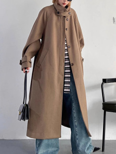 大衣女 长款 CHICVEN 秋冬简约立领暗门襟系带毛呢外套插肩袖