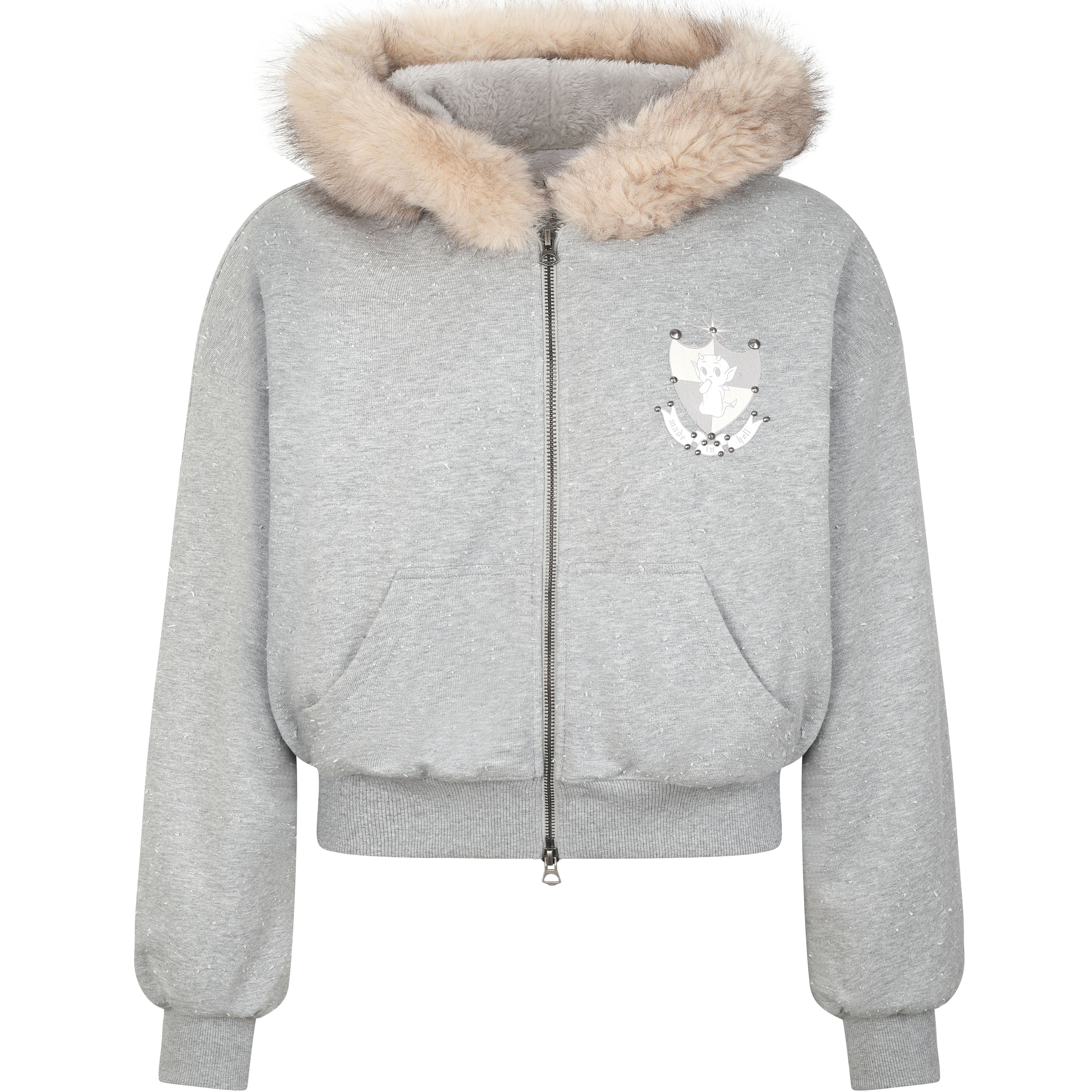 Nodress 灰色皮草帽边毛绒里保暖卫衣外套 拳套绒里保暖宽松卫裤