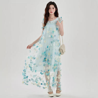 女装夏季十三行度假风仙气重工裙子立体花朵吊带连衣裙两件套棉涤