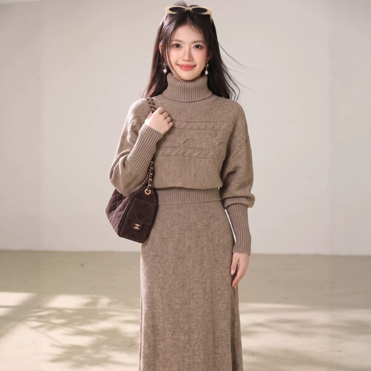 女装2026秋冬十三行新款韩系慵懒风可拆卸高领针织上衣+长裙套装
