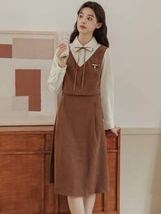 新款女装2023秋冬学院风翻领衬衫摩卡咖啡色假三件连衣裙气质通勤
