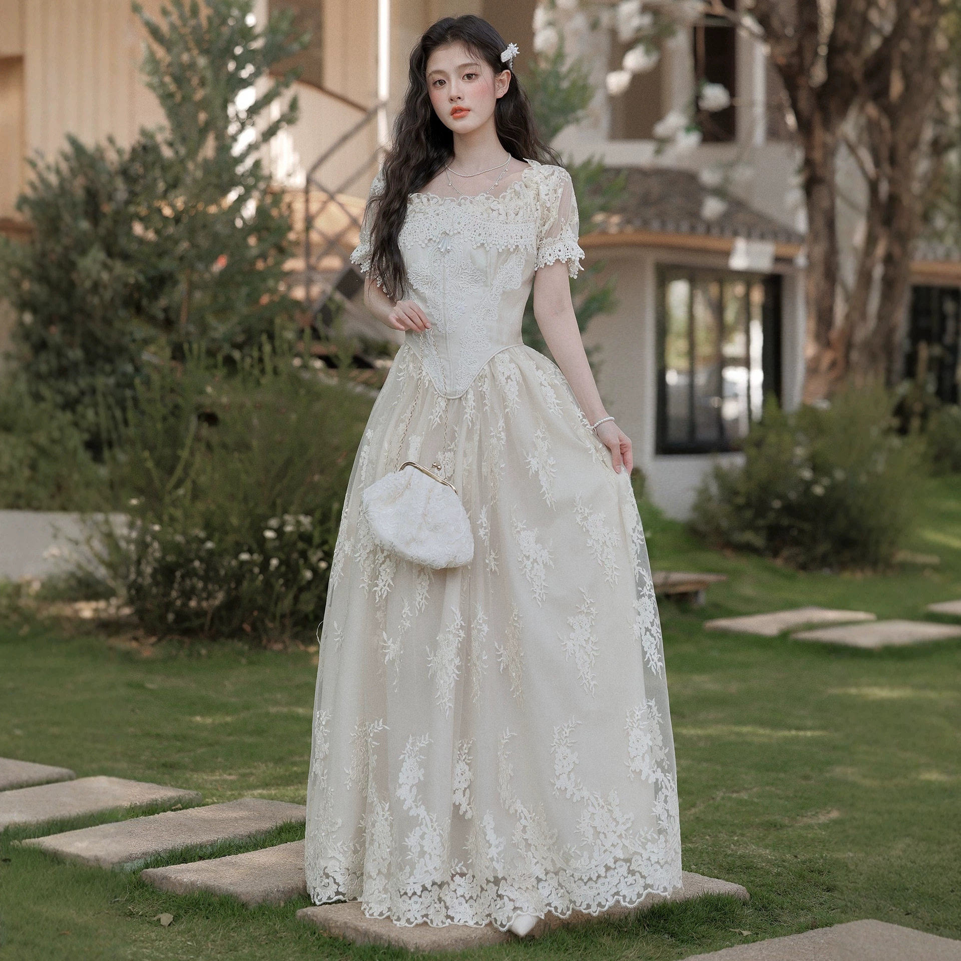 女装夏季十三行法式复古宫廷重工蕾丝鱼骨连衣裙轻婚纱礼服连衣裙