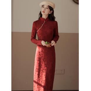 女装秋冬季红色加绒订婚旗袍长袖敬酒服结婚年会过年气质礼服日常