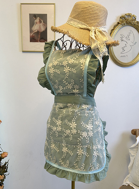 日式蕾丝绣花绿色水洗棉柔软面料围裙工作服围腰清洁防污全身裙