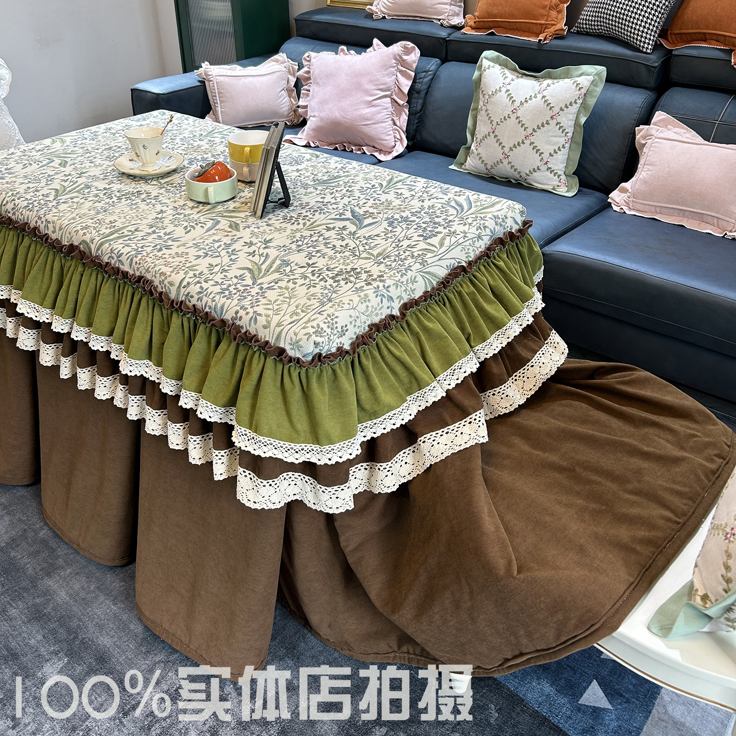 美式清新绿田园桌布套正方长方形电暖炉烤火被布套加绒加厚桌罩