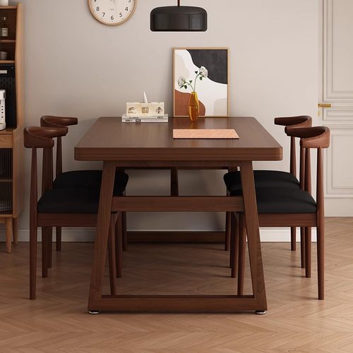 餐桌商用餐饮店大板快餐桌子胡桃木长方形小吃店餐馆专用一桌四椅