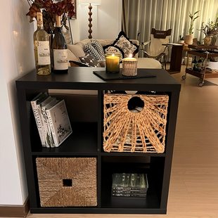 实木黑色四格柜卡莱克格子柜沙发边柜书架落地一体靠墙客厅置物架