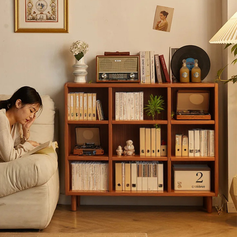 收纳柜胡桃色格子柜带腿实木书柜客厅收纳柜矮柜靠墙落地置物书架