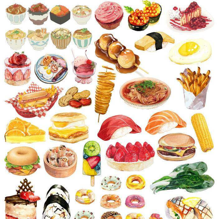 创意a5手帐不干胶贴纸 手绘水彩食物拼贴手账素材日记diy装饰贴画