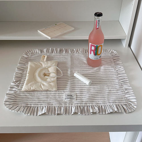 nicethings 韩式ins风麻棉细条纹花边餐巾拍照餐垫多功能防尘盖布