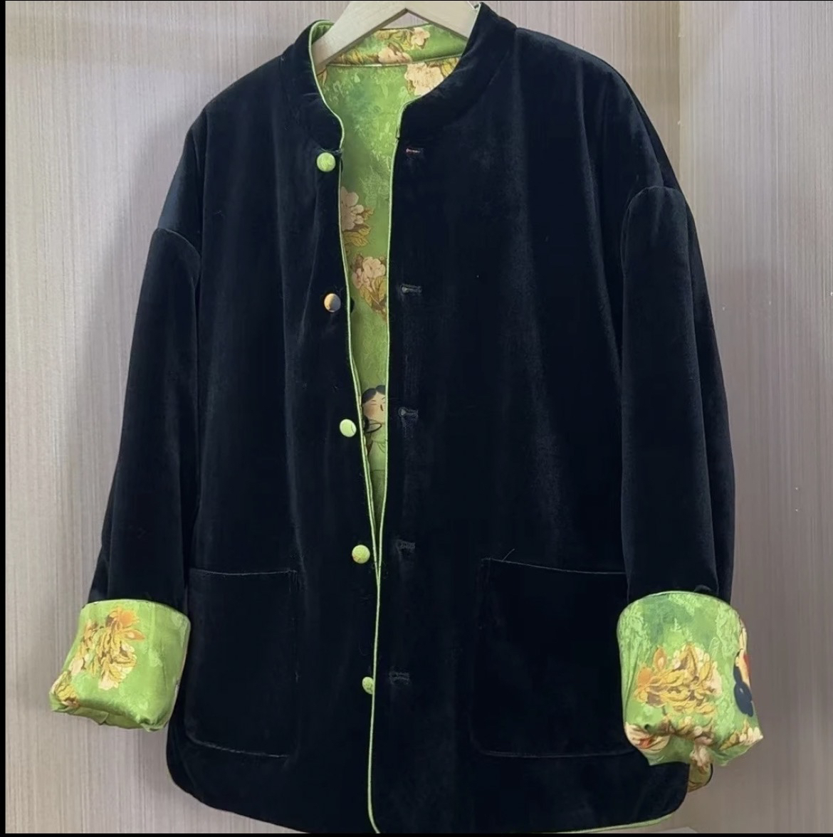 欧洲站2025冬新款丝缎丝绒双面穿国风中式上衣外套新中式棉衣