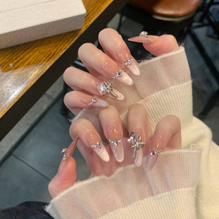 G95新款穿戴甲高级感法式猫眼手工贴钻美甲轻奢成品杏仁指甲贴