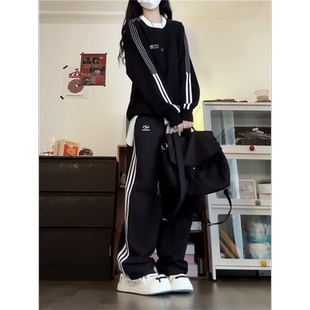 胖mm300斤休闲运动套装女秋冬季宽松大码卫衣阔腿长裤两件套ins潮