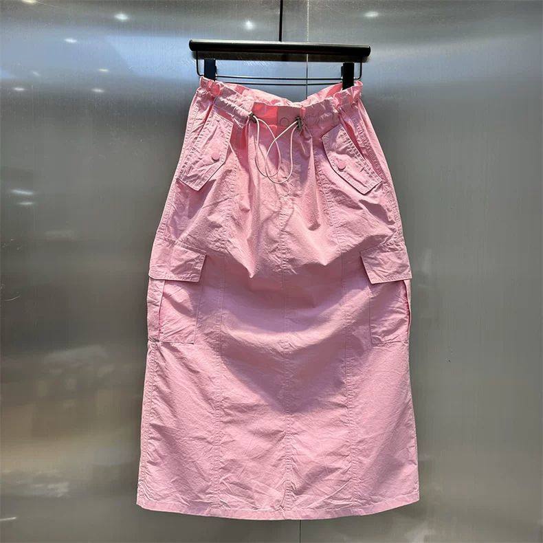 工装半身裙女夏季大码300斤宽松显瘦抽绳口袋休闲开叉中长裙子ins