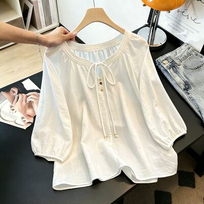 特大码胖mm300斤时尚潮流独特气质七分袖小衫女夏季薄款衬衫上衣
