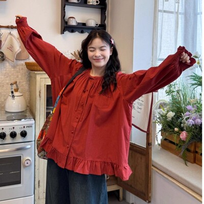 特大码300斤春秋季韩系一字肩木耳边收褶荷叶边宽松长袖衬衫女装