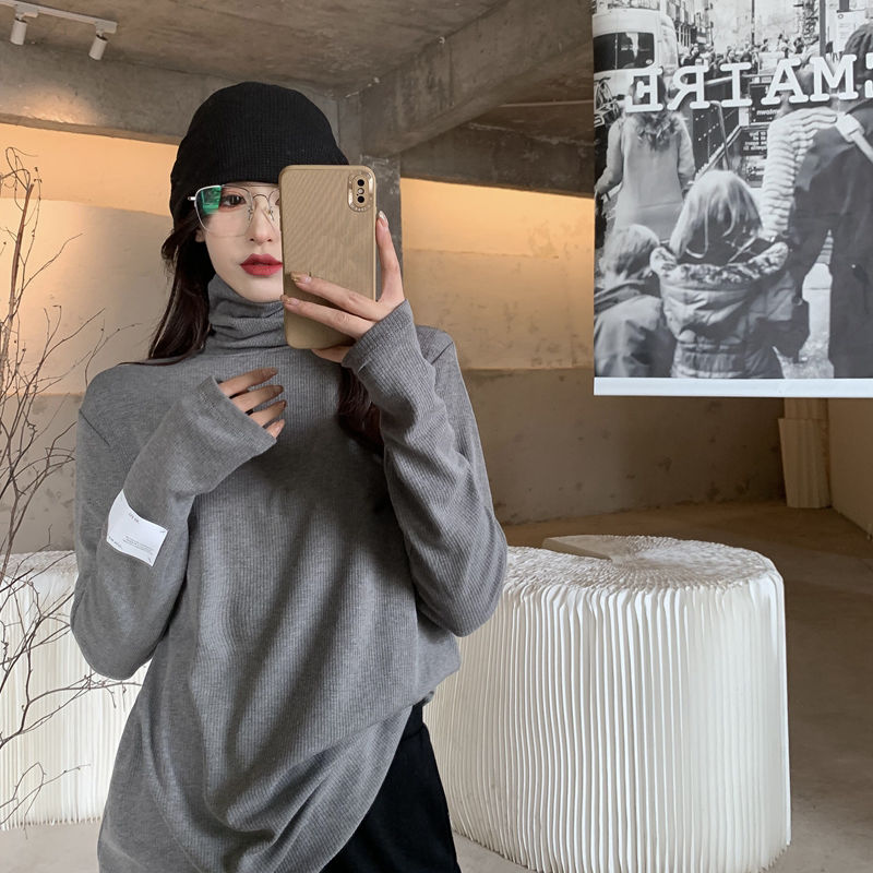 欧货大码洋气高领螺纹长袖t恤女