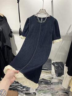 特大码胖mm300斤欧货高品质木耳边拼接网纱短袖T恤牛仔连衣裙女夏