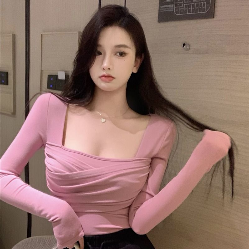 大码女装胖mm300斤纯欲风方领长袖t恤春秋季修身内搭小众短款上衣