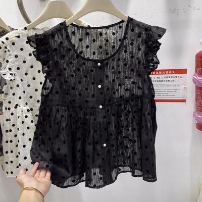 特大码胖mm300斤荷叶边圆领衬衫夏季宽松娃娃衫波点无袖上衣女ins