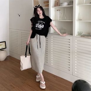 潮 大码 女装 胖mm300斤夏季 复古百搭梨形身材穿搭T恤半身裙两件套装