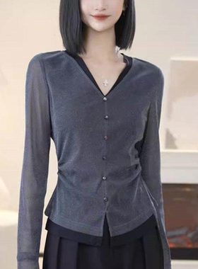 专柜同款阿玛施2026春秋新款V领假两件细闪网纱打底衫衬衫130127