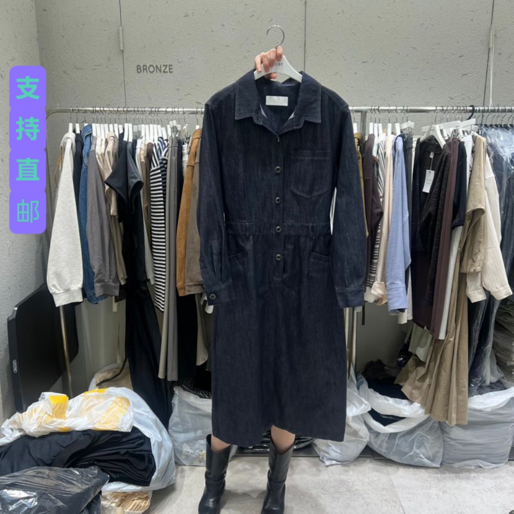 翻领系扣收腰牛仔连衣裙