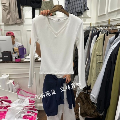包邮J.RITZY 韩国正品东大门2026秋新款时尚修身V领净版长袖T恤女