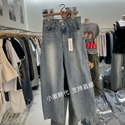 韩国东大门代购BAGUETTE-P26春女装新款系扣磨白直筒显瘦牛仔裤女