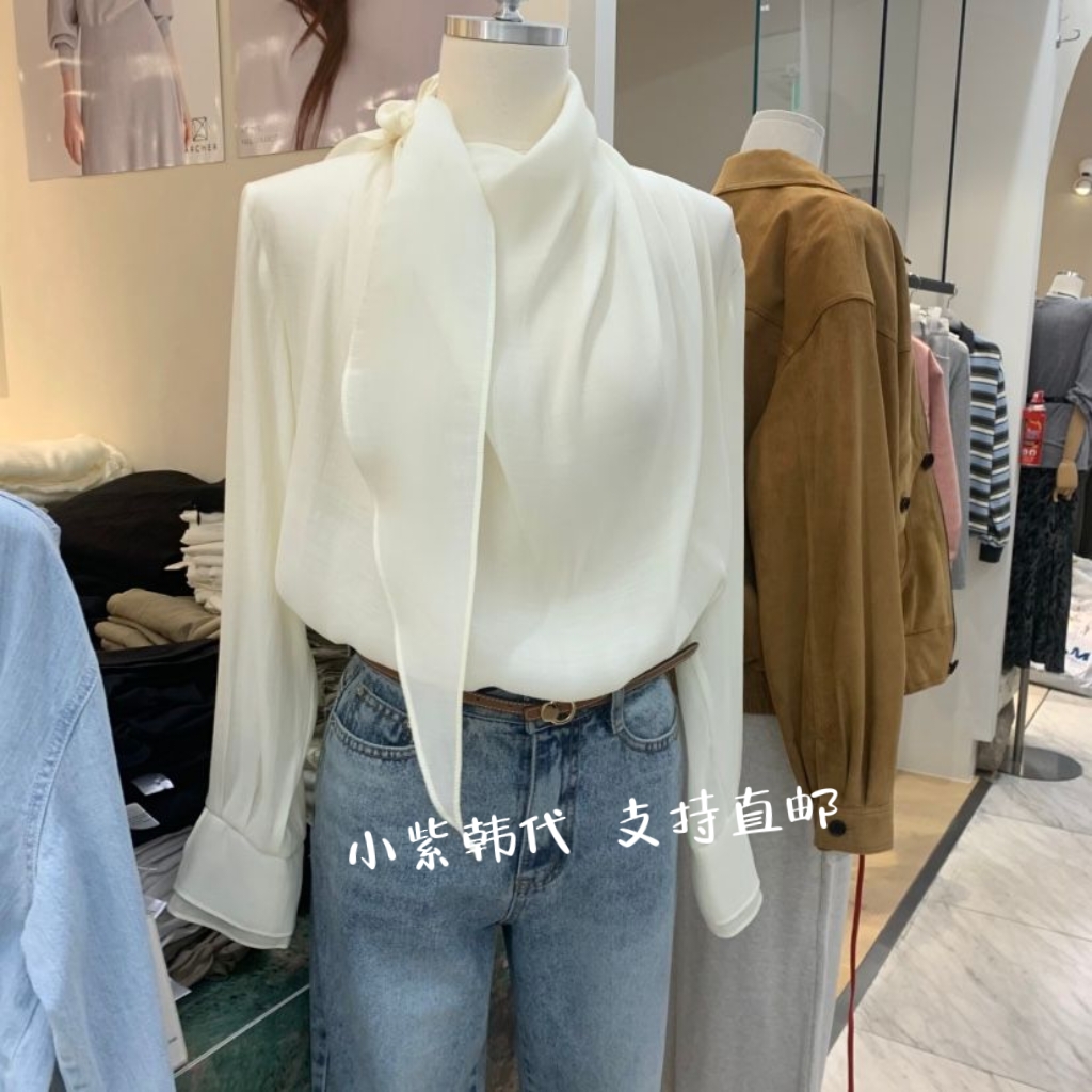 时尚飘带设计纯色蕾丝衫女