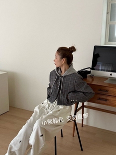 韩国东大门代购ZEROZERO 26春新款帽子系扣格子短款长袖外套女