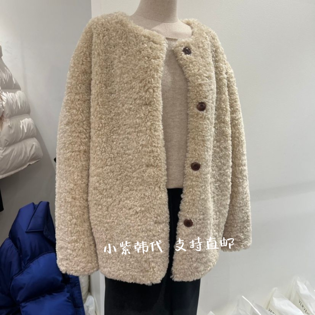 韩国正品东大门代购 VERVEINE 25冬女装新款系扣圆领毛绒外套女