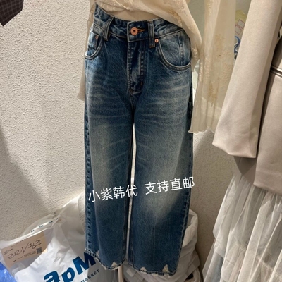 韩国东大门代购SSEMIENNE 26春新款时尚百搭破洞显瘦直筒牛仔裤女
