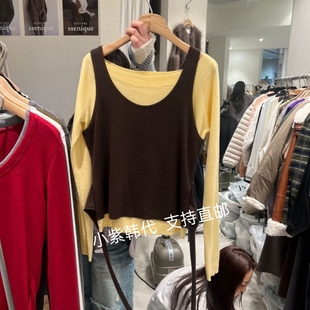 SSEMIENNE韩国东大门代购 26春新款时尚撞色拼接假两件长袖T恤女